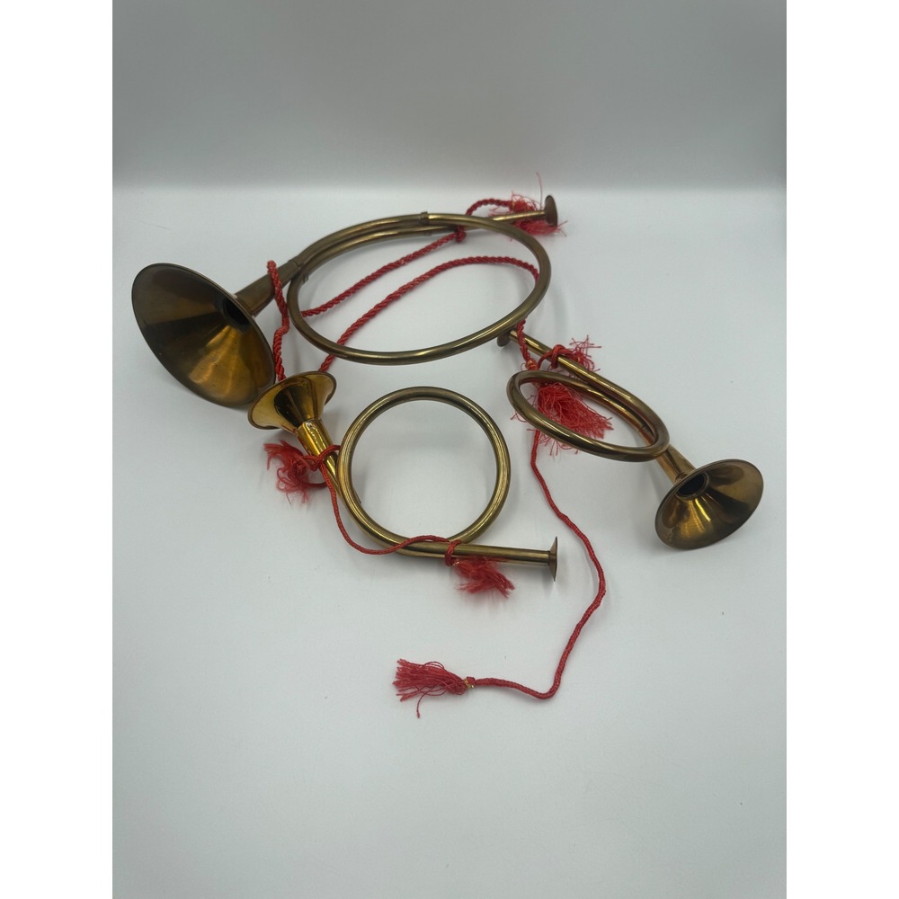 Vintage Brass Bugle Horn Christmas Ornaments Red Tassel Set of 3 Graduated Sizes
